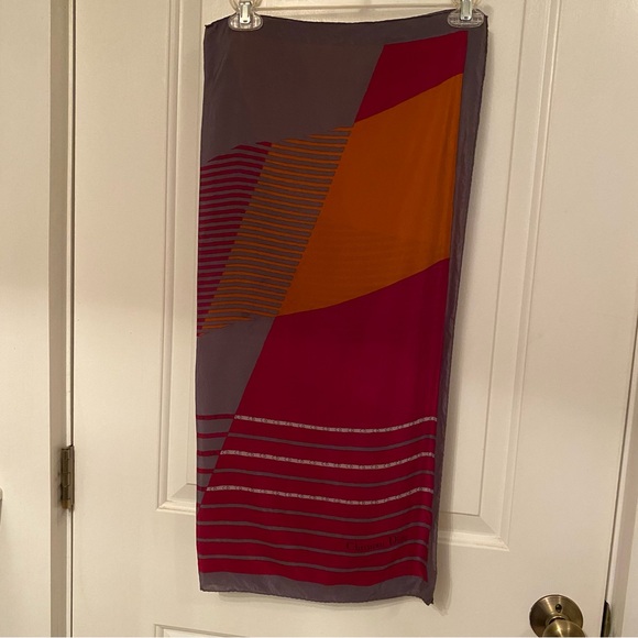 DIOR SCARF GRAY RED ORANGE SILK SQUARE LUXURY ACCESSORY STRIPES COLOR BLOCK - Picture 4 of 10